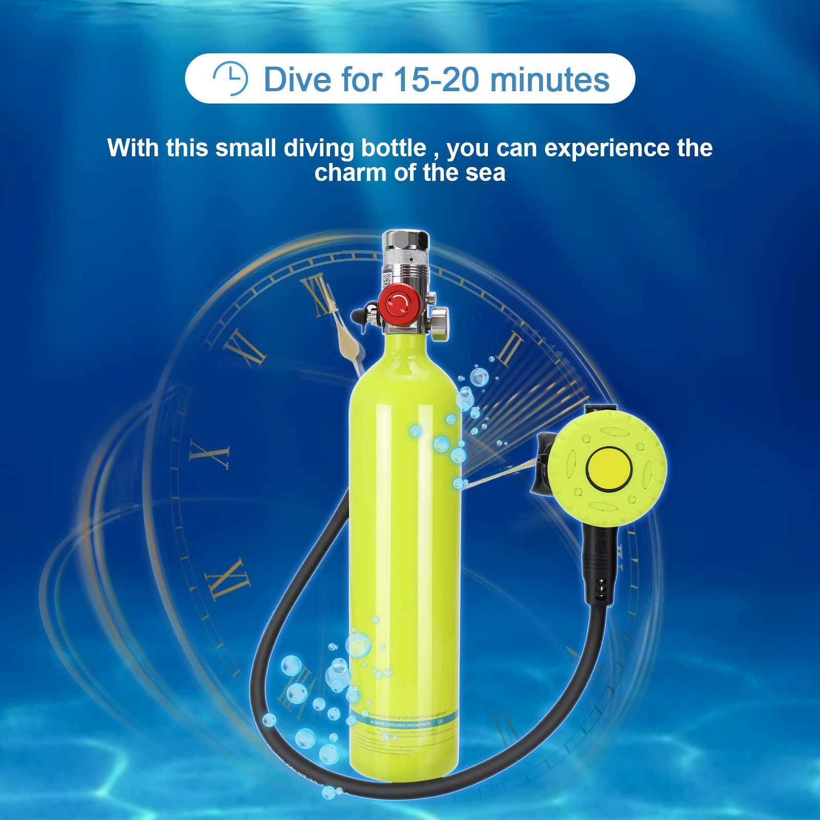 Equipo de buceo, mini botella de buceo portátil de 1l, con una duración de 15 a 20 minutos, botella de material resistente a la corrosión, con válvula de presión constante, botella recargable Pony