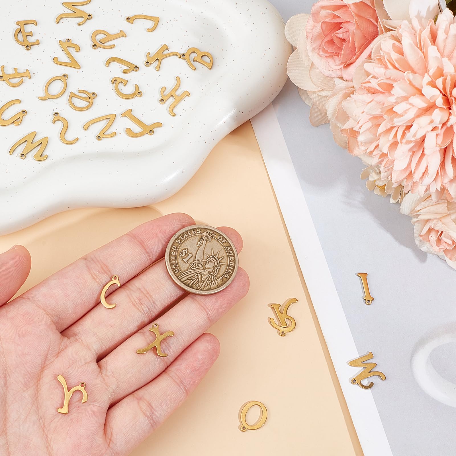 NICENEEDED 26Pcs 18K Gold ABC Letter Alphabet Charms, Stainless Steel Pendants with Open Jump Ring - Image 4