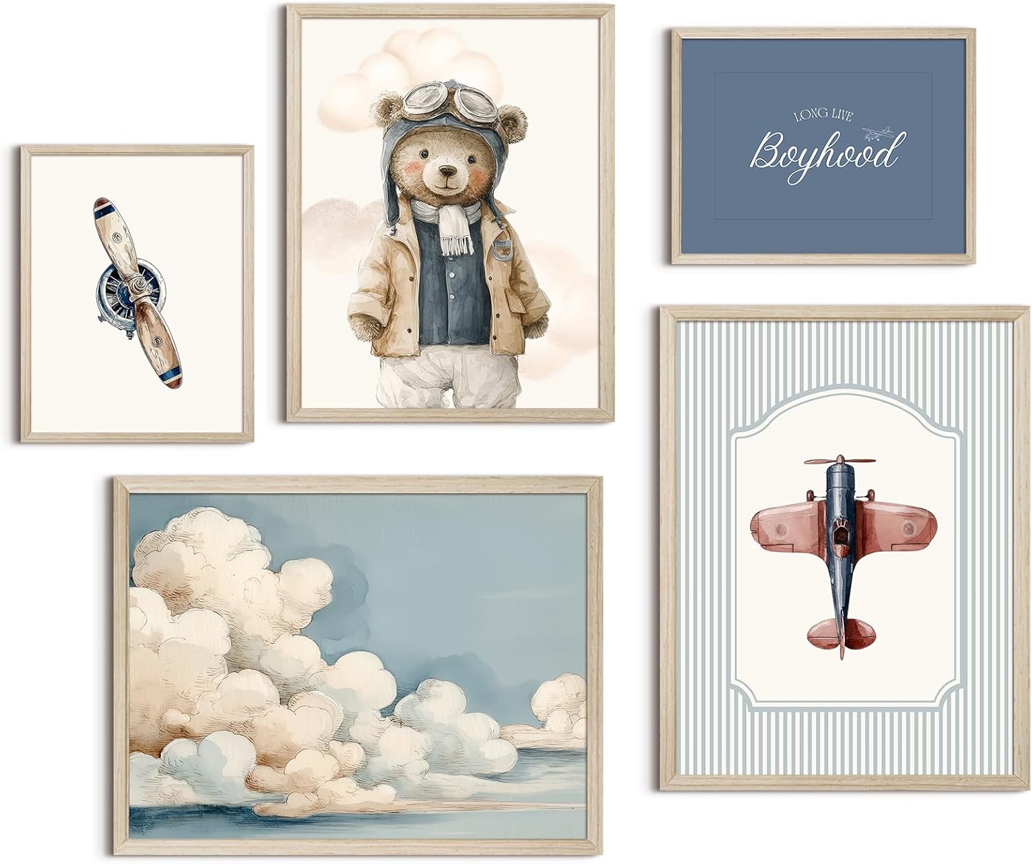 Teddy Bear Nursery Wall Art Decor Vintage Boy Room Pictures Baby Boy Nursery Canvas Wall Decor Blue Vintage Airplane Poster Kids Travel Aviation Prints for Playroom Bedroom 8x10x5 Inch Wood Framed