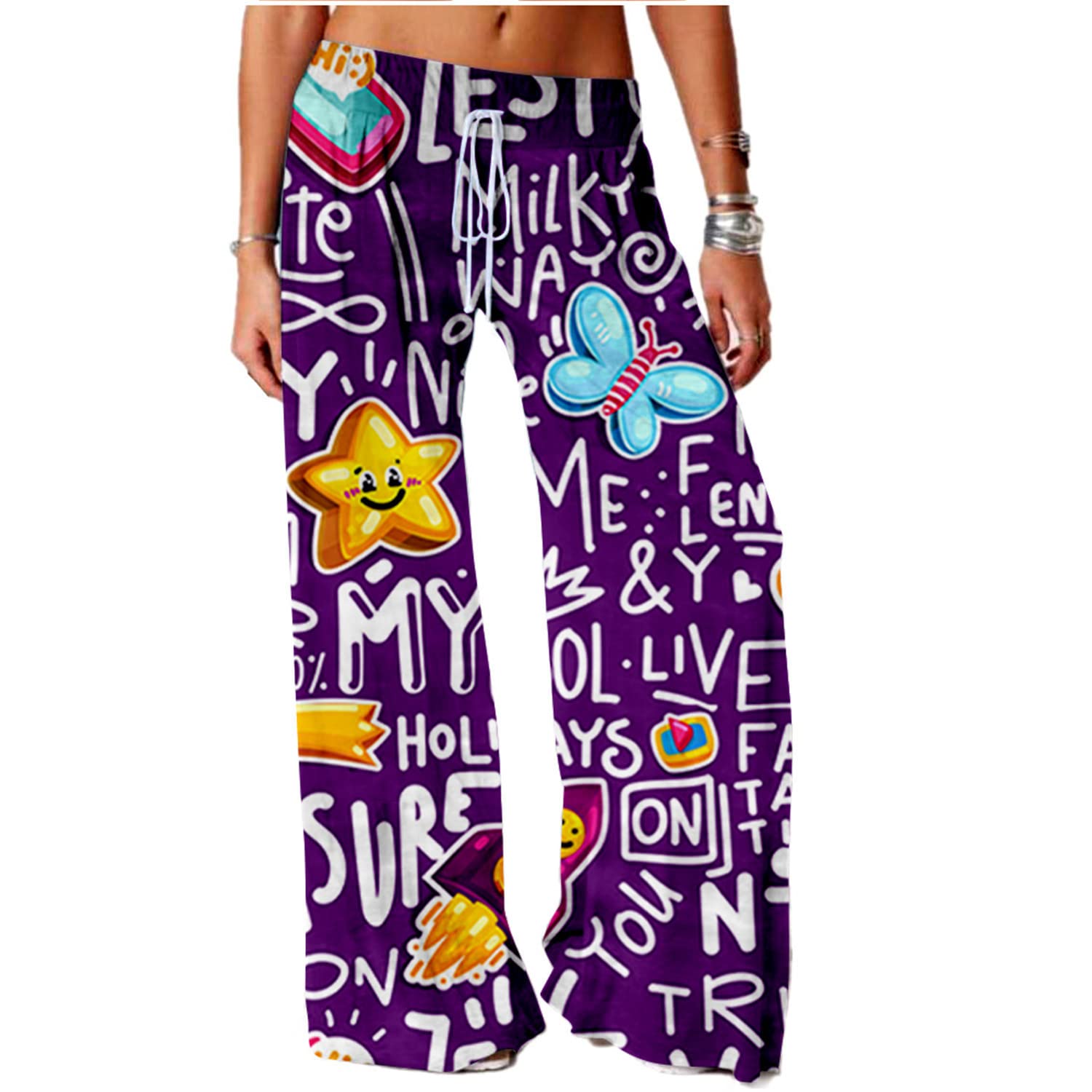 SIAOMA Painted Graffiti Pants for Women Casual Comfy Stretch Wide Leg Pants Trousers