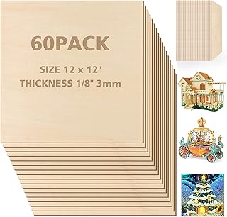 Adrattnay Basswood Sheets 3mm - 1/8 x 12 x 12inch, 60pcs Square Laser Basswood Plywood for Laser Cutting & Engraving DIY Crafts, Wood Burning, Painting, Architectural Model Building