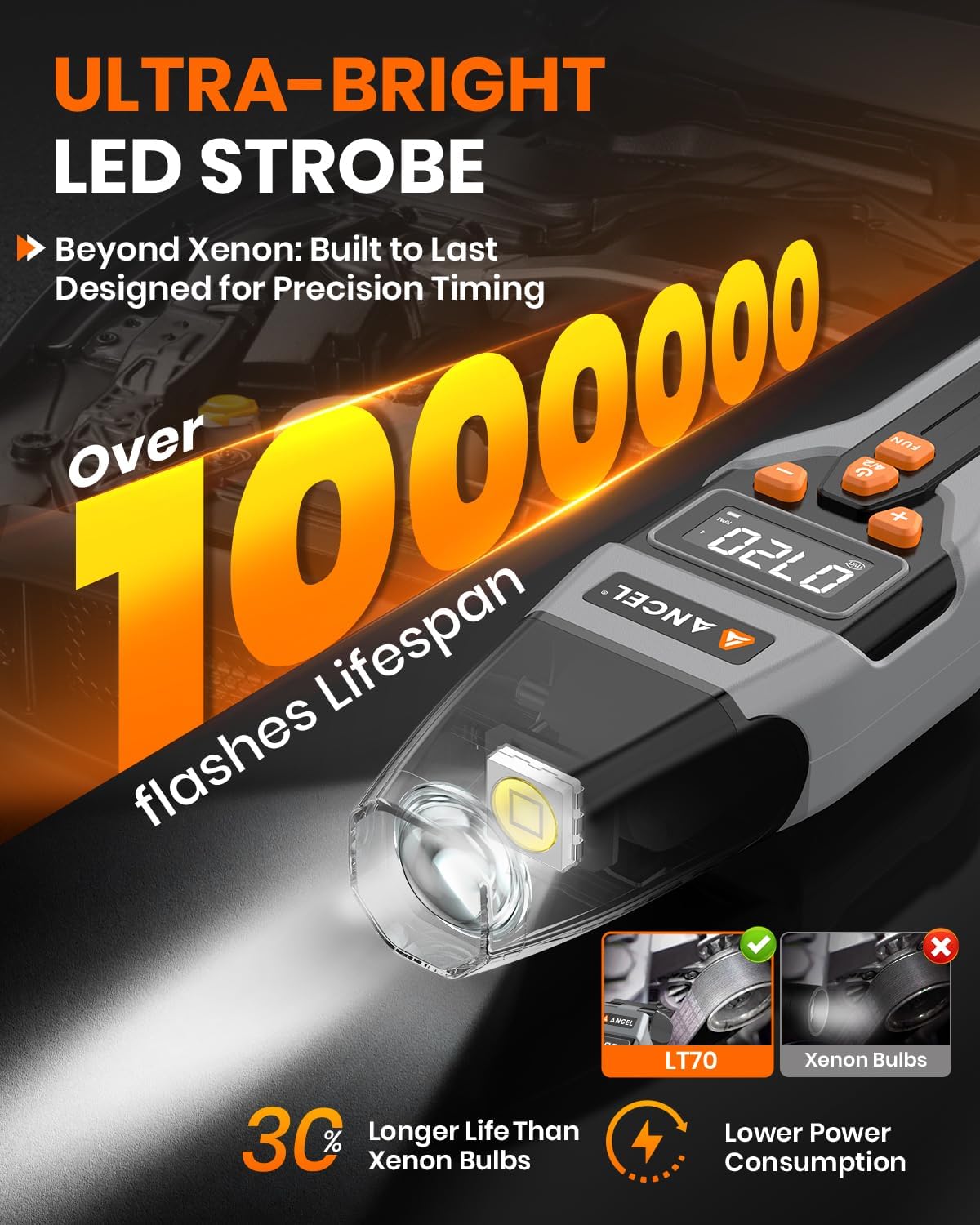 ANCEL LT70 Digital Timing Light Automotive with Tachometer (RPM), Advance, Dwell & Voltage Test, Self-Powered Inductive Ignition LED Timing Gun with Type-C Charging & 12V Backup for Gas Engines