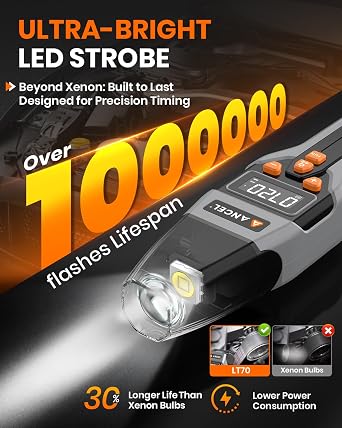 ANCEL LT70 Digital Timing Light Automotive with Tachometer (RPM), Advance, Dwell & Voltage Test, Self-Powered Inductive Ignition LED Timing Gun with Type-C Charging & 12V Backup for Gas Engines
