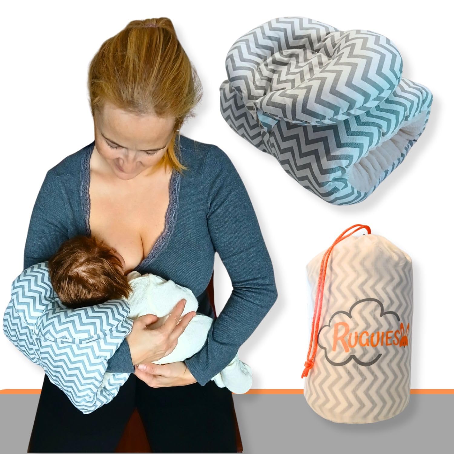 RUGUIES- Cojín de Lactancia Ergonómico para Bebés + Almohada Antireflujo para la Cabeza del Bebé a 45º para Máximo Confort- Lactancia Materna o Biberón-De Viaje, Portátil y Pequeño-Oeko Tex. (Grey)