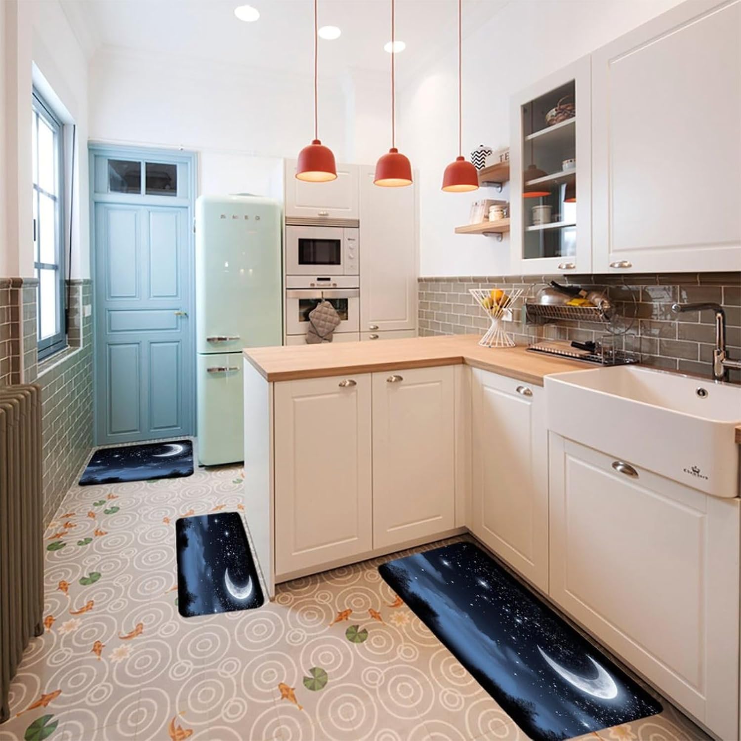 Nightsky Hanging Moon Kitchen Rugs Sets of 3 Washable Non Slip Kitchen Rug Water Resistant Carpet Piece Anti Fatigue Kitchen Mats Soft Comfort Standing Mat Modern Area Rug