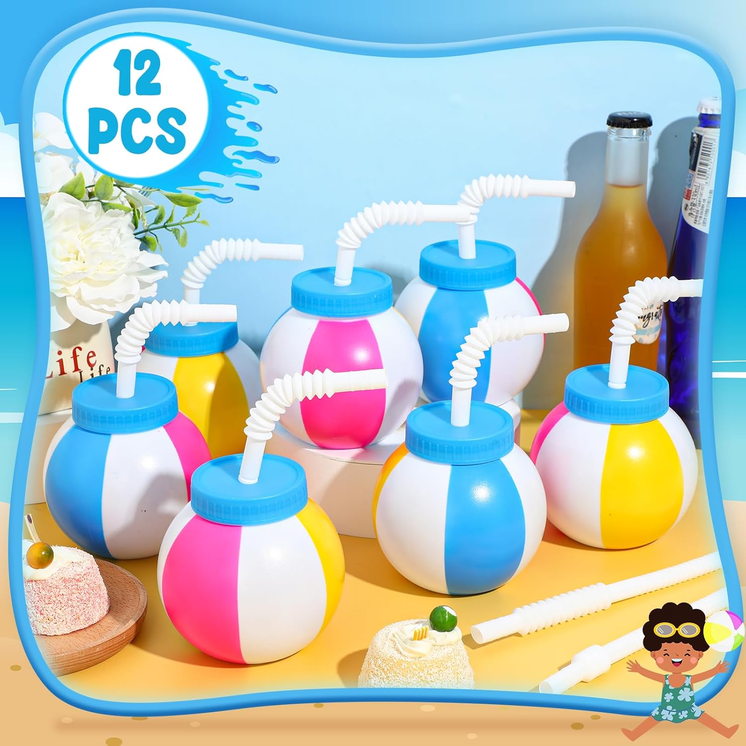Nuanchu 12 Pcs 14 oz Summer Beach Ball Cups with Straws and Lids Plastic Sipper Reusable Party Cups Bulk Beach Summer Theme Party Favor for Kids Birthday Sports Theme Supplies