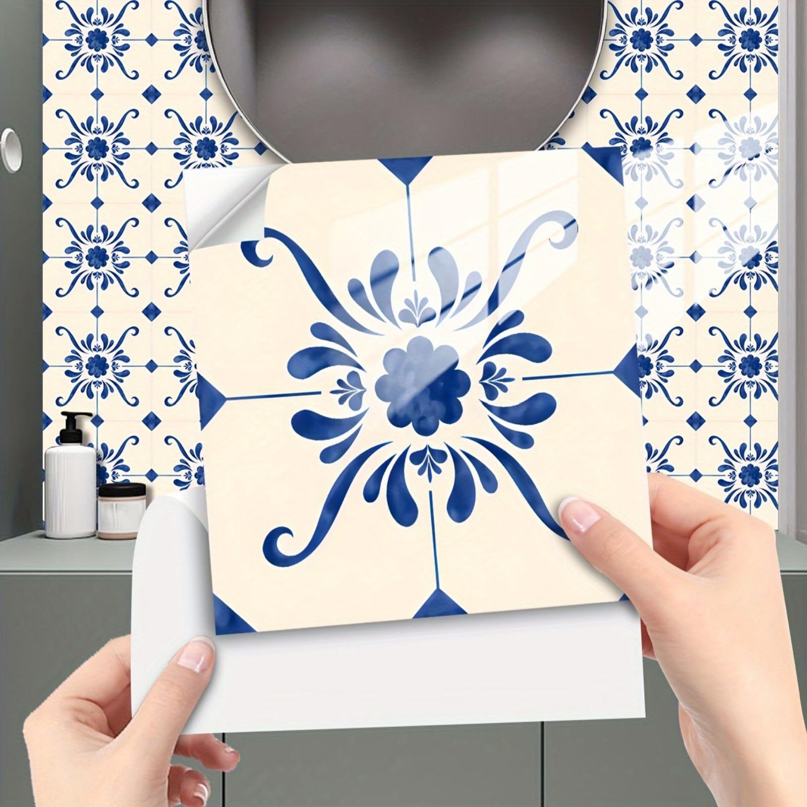 Retro Tile Stickers 10/15/20/30cm, 10Pcs Self-Adhesive Moroccan Wall Tiles, Waterproof Peel & Stick Vinyl for Kitchen Splashback Bathroom Floor Stairs (15x15cm-10pcs,FMB-672)