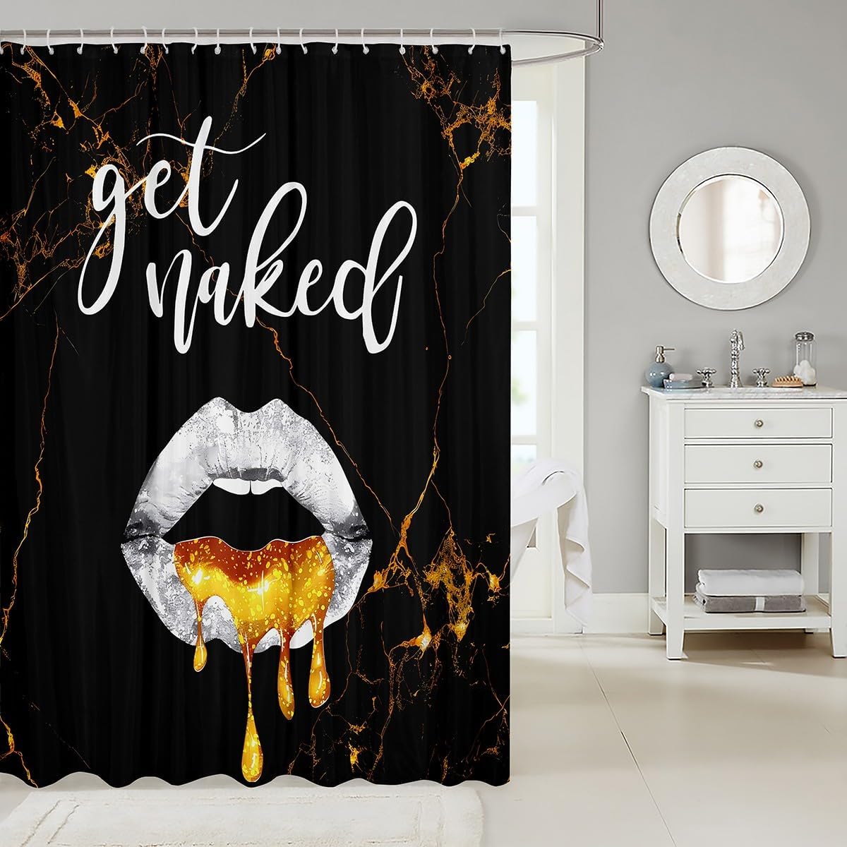 Luxury Black Gold Marble Bathroom Curtains Boys Girls Sexy Lips Shower Curtain For Kids Women Men Get Naked Soft Bath Curtain Funny Quotes Waterproof Bathroom Accessories 72x84 Inch Bedroom Decor