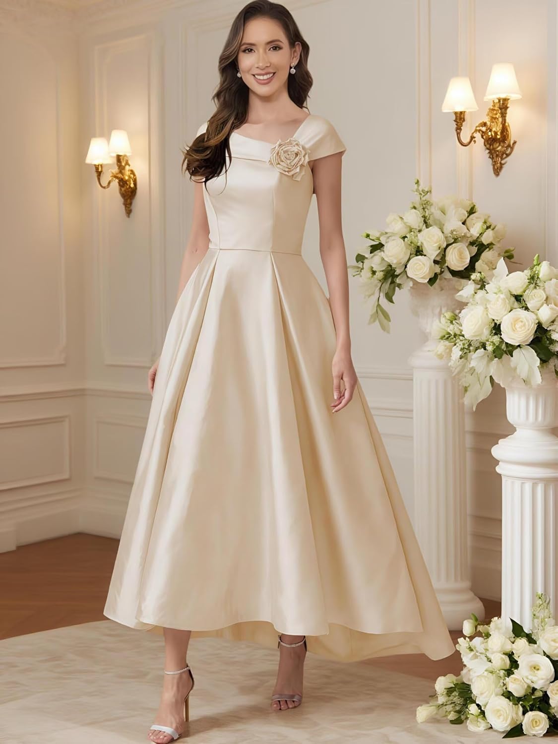 Mother of The Bride Dresses with Pockets Tea Length Asymmetric Neck Hi-LowSatin A Line Flower Formal Evening Gown - Image 5