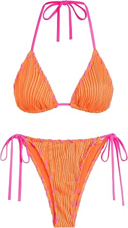 ZAFUL Women Wave Textured Bikini Set Two Piece Twisted Trim Tie Back Halter Cheeky Swimsuit Bathing Suit