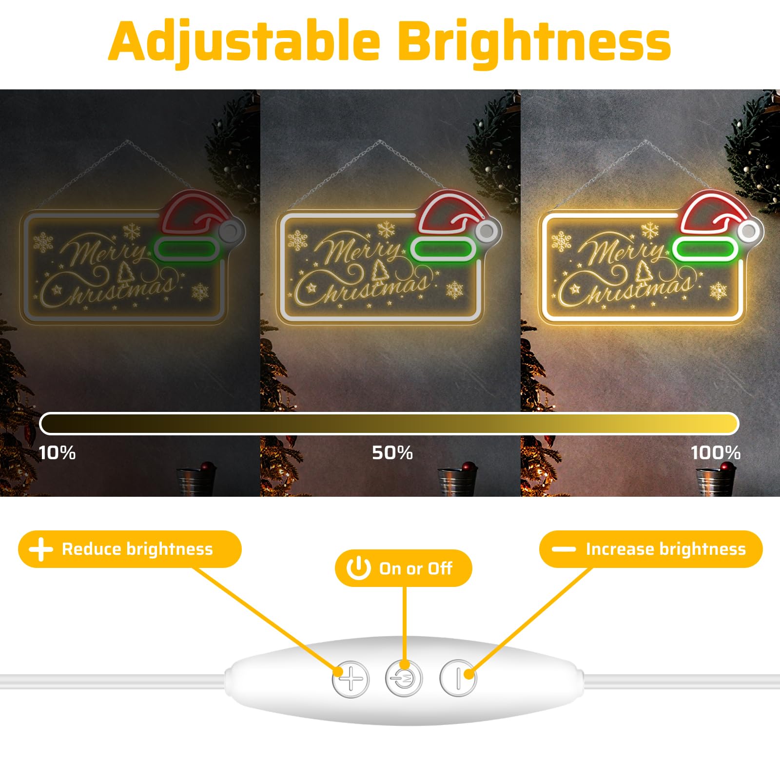 Letrero de neón LED de Feliz Navidad de 16.5 x 10 pulgadas, decoración de pared con luz LED regulable con sombrero de Papá Noel, decoración de pared alimentada por USB para el hogar, habitación de los