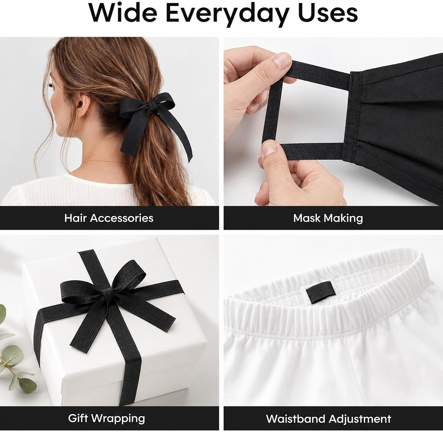 ZEYIYER 1inch Fold Over Elastic 25Yard Black Elastic Ribbon for Sewing | Stretch, Sewing Fold Over Band, for Clothing, Waistband, Hair Ties
