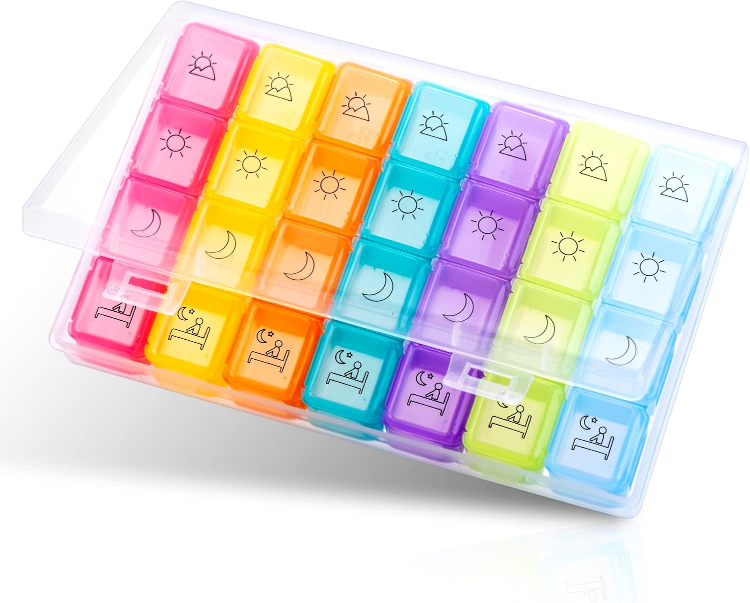 Macood Small Pill Organizer 7 Day (4 Times a Day) Portable Weekly Pill Box Case Dispenser for Vitamins/Supplements/Medication/Fish Oil - Rainbow Colors (Note: Small Size)