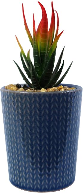 Leaf Ceramic Stripe Planter with Artificial Plant
