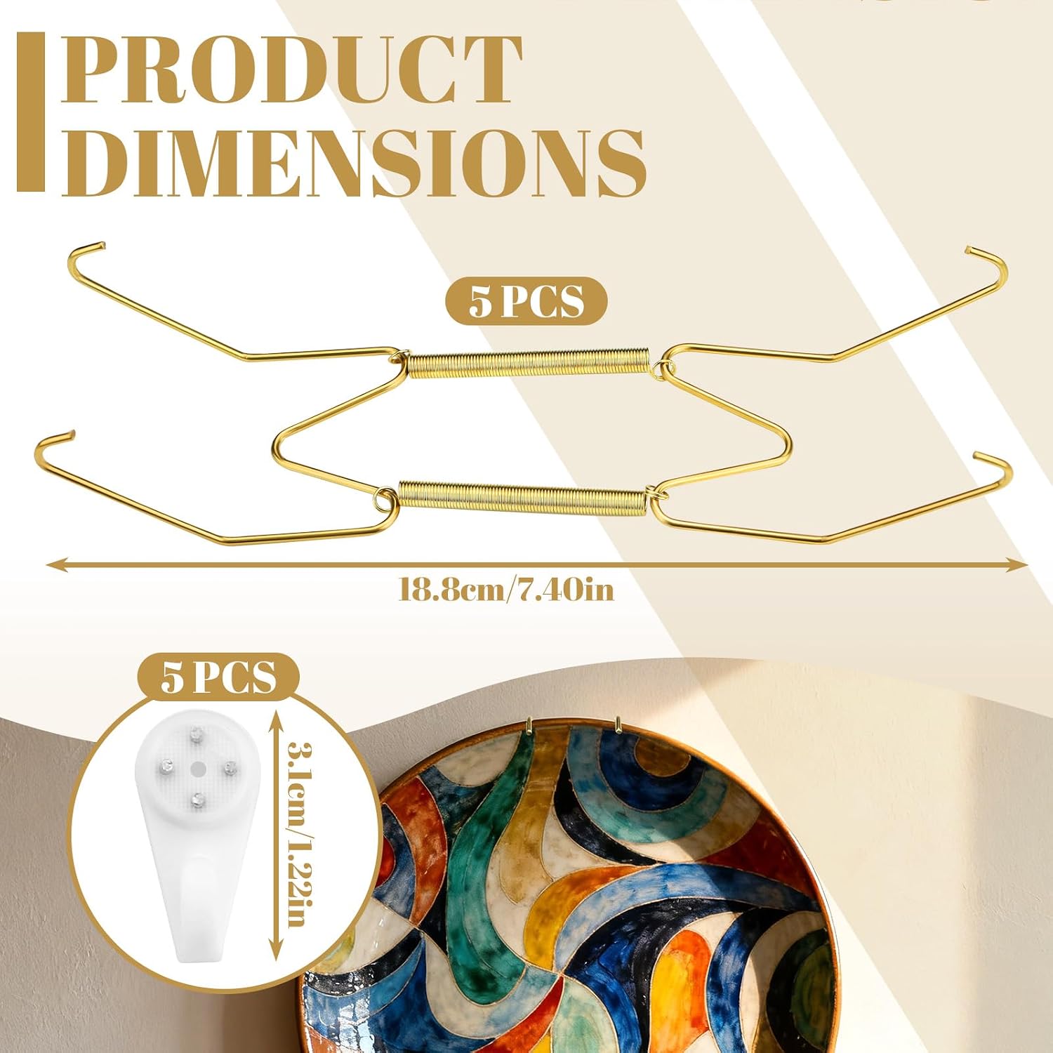 5 Pieces Copper Plate Hangers for The Wall with Hooks, 8 In Decorative Wall Plate Holder, Invisible Heavy Duty Wire Platter Hanger for Displaying Dish & Hanging Picture (Gold) (Gold)