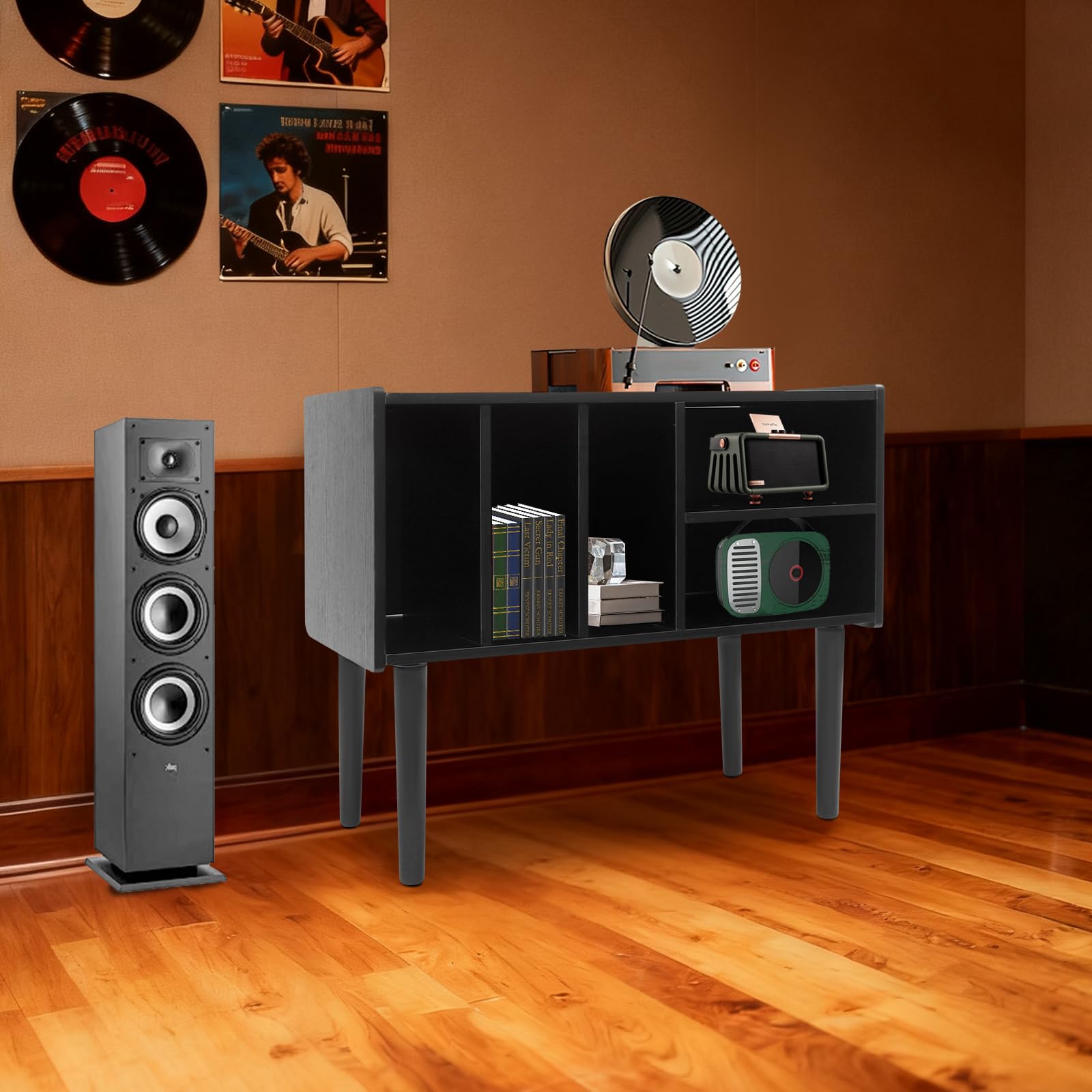 Supporto per giradischi della metà del secolo con contenitore in vinile per fino a 220+ album, Black Vinyl Holder Storage Shelf for Bedroom Living Room