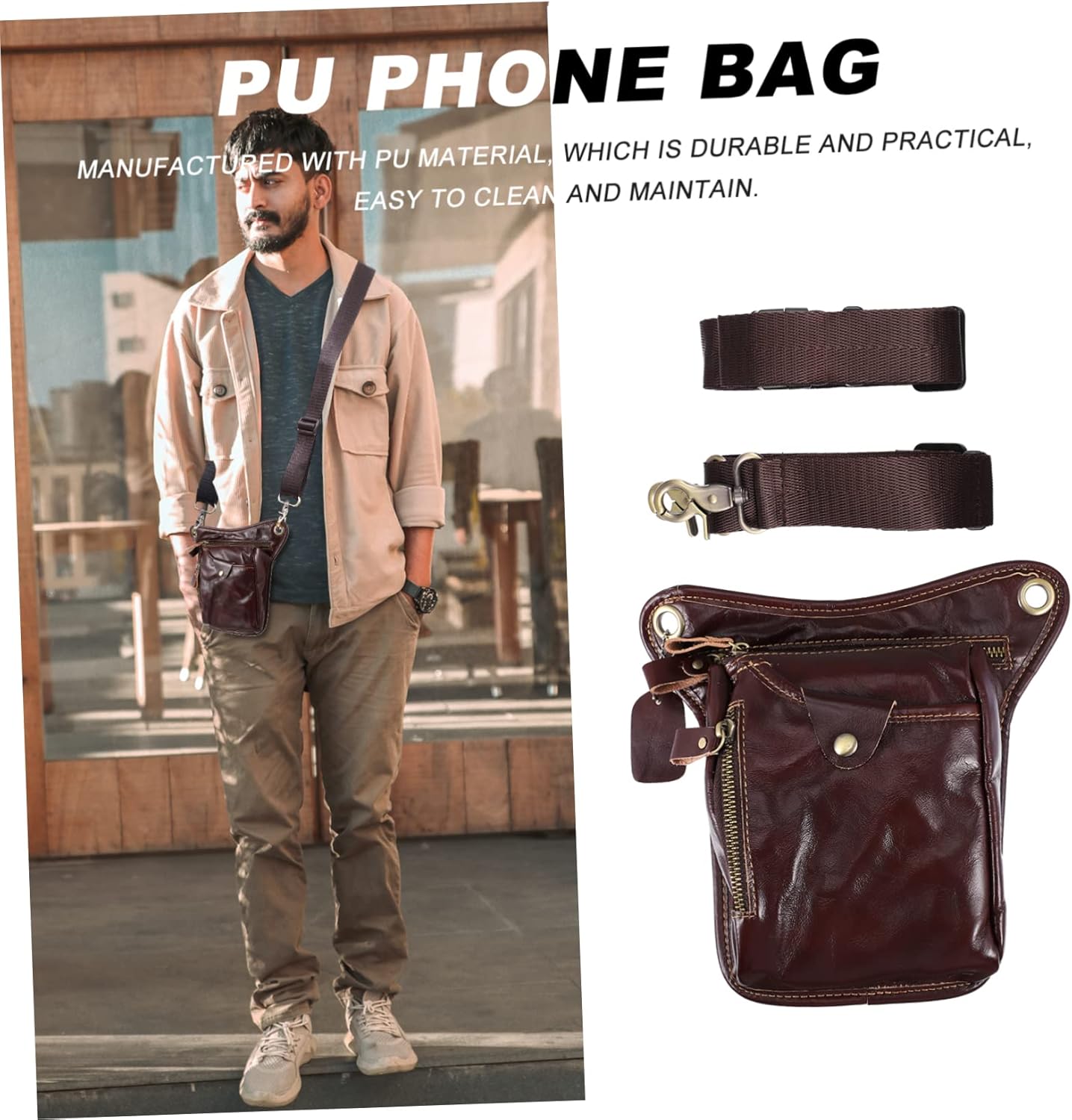 Mens Fanny Pack Hip Bag for Men Cycling Phone Pouch Pu Leather Phone Bag Vintage Style
