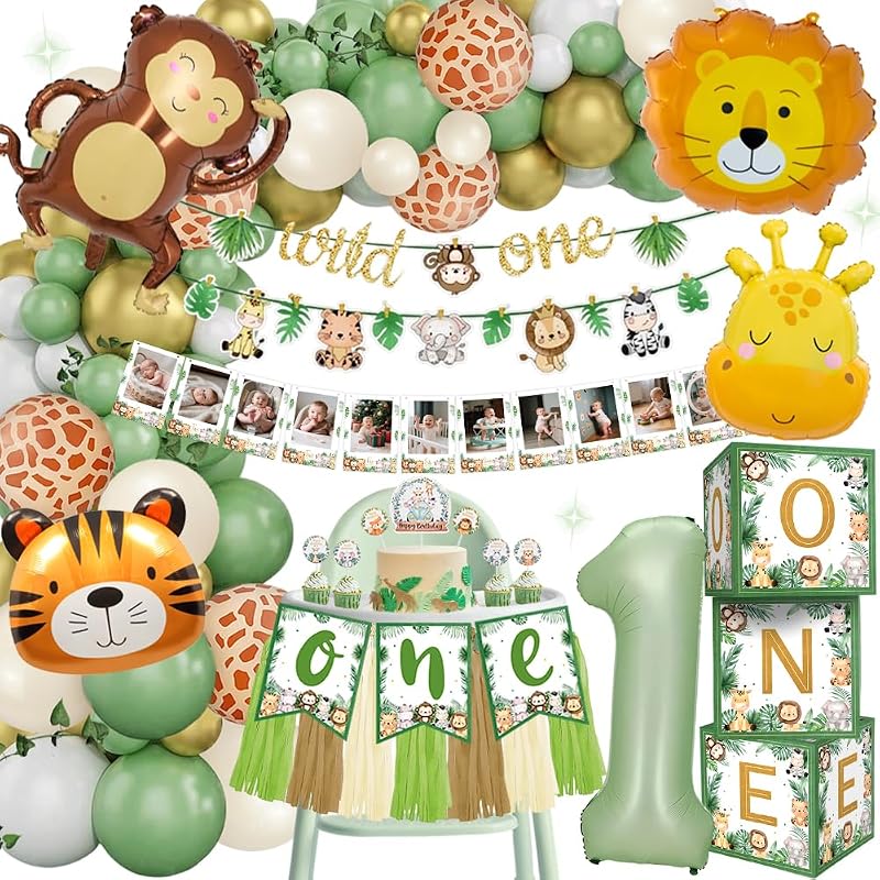 Decoration Anniversaire 1 An Garcon, Jungle Décoration Anniversaire, Animaux Décoration Kit Anniversaire, Boîte à Ballons, Bannière pour Chaise Haute, Deco Anniversaire Safari 1 An (Jungle verte)