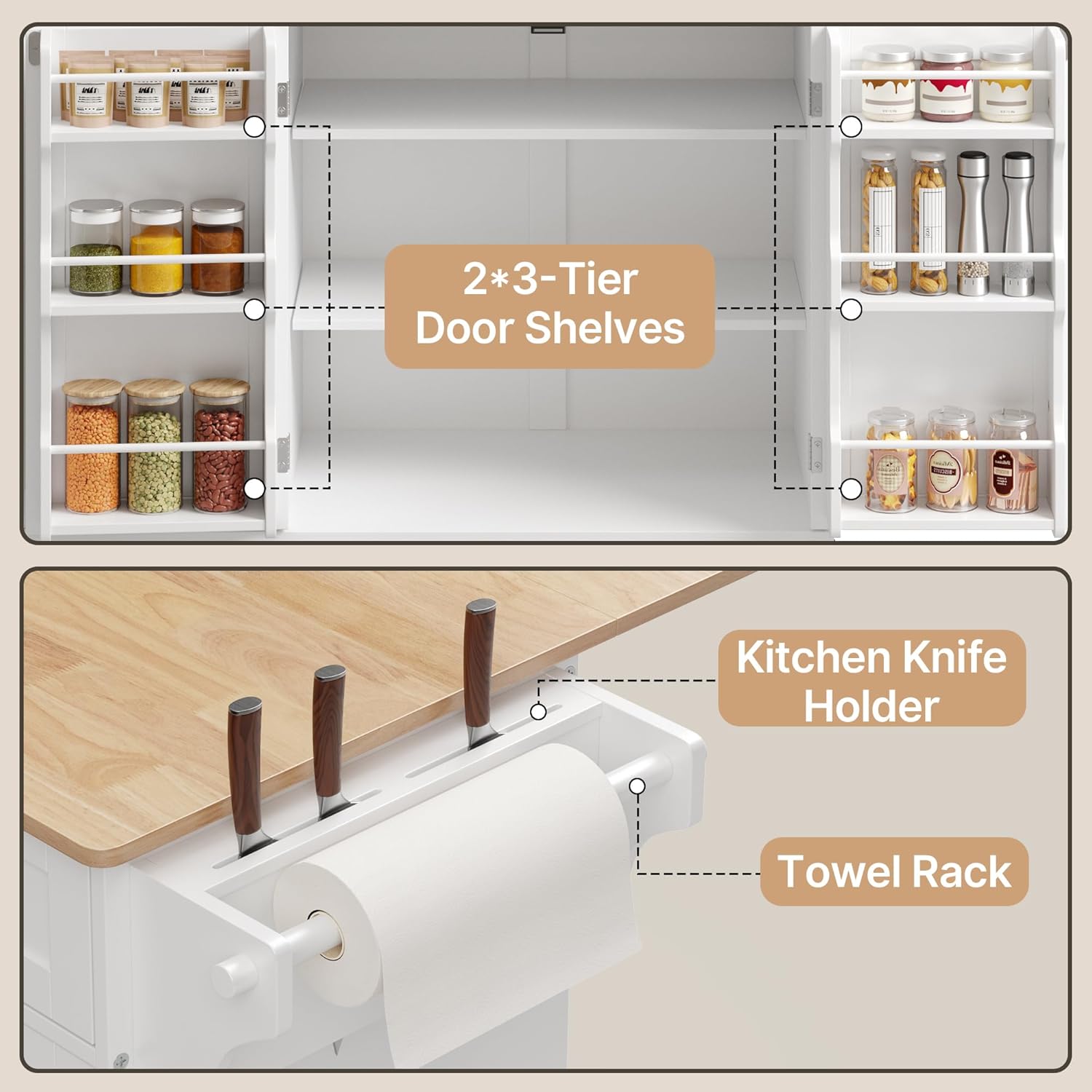 Ahomly Kitchen Island with Storage, 44.49" Kitchen Island with Trash Can Storage, Drop Leaf Rubberwood Top, Knife Holder, Adjustable Shelf, Towel Bar, Drawer, Spice Rack, White