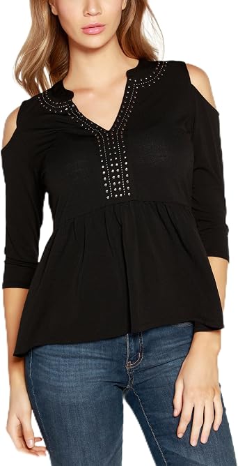 بلوز ببلوم صغير من Belldini Black Label بكتف بارد ورقبة مقسمة باللون الأسود من Pewter PM