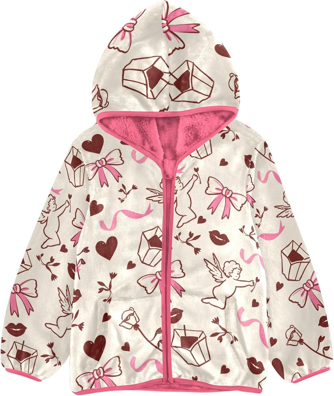 Girls Hoodie Outfit Hand Drawn Bow and Heart-shaped Pattern Zipper Sweatshirt Coat Fleece Jacket for Kids 3-10T