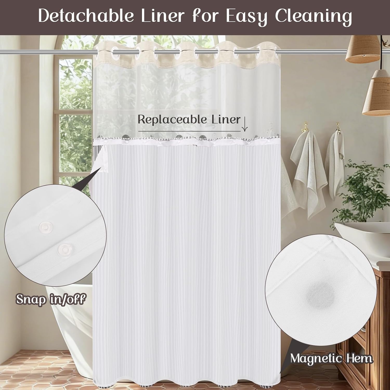 ASPMIZ Farmhouse Shower Curtain and Liner Set, No Hook Shower Curtain with Snap in Liner Fabric, Linen Washable Waterproof Bathroom Curtains with Button, Mesh Top Window, Brown Striped, 71"x 74"