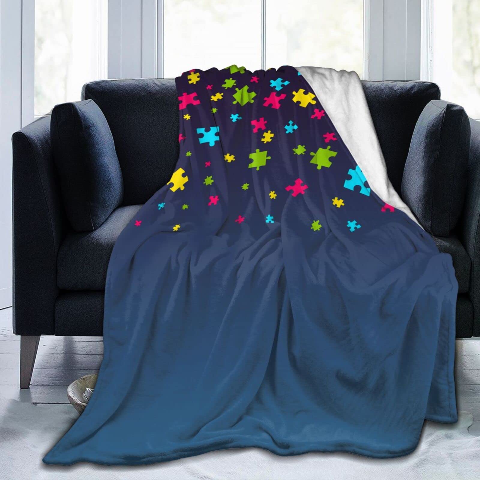 Lsjuee Autism Awareness Puzzle Pieces Throw Blanket Warm Cozy Lightweight Blankets Soft Flannel Blanket for Sofa Couch Bed Office 80"X60"