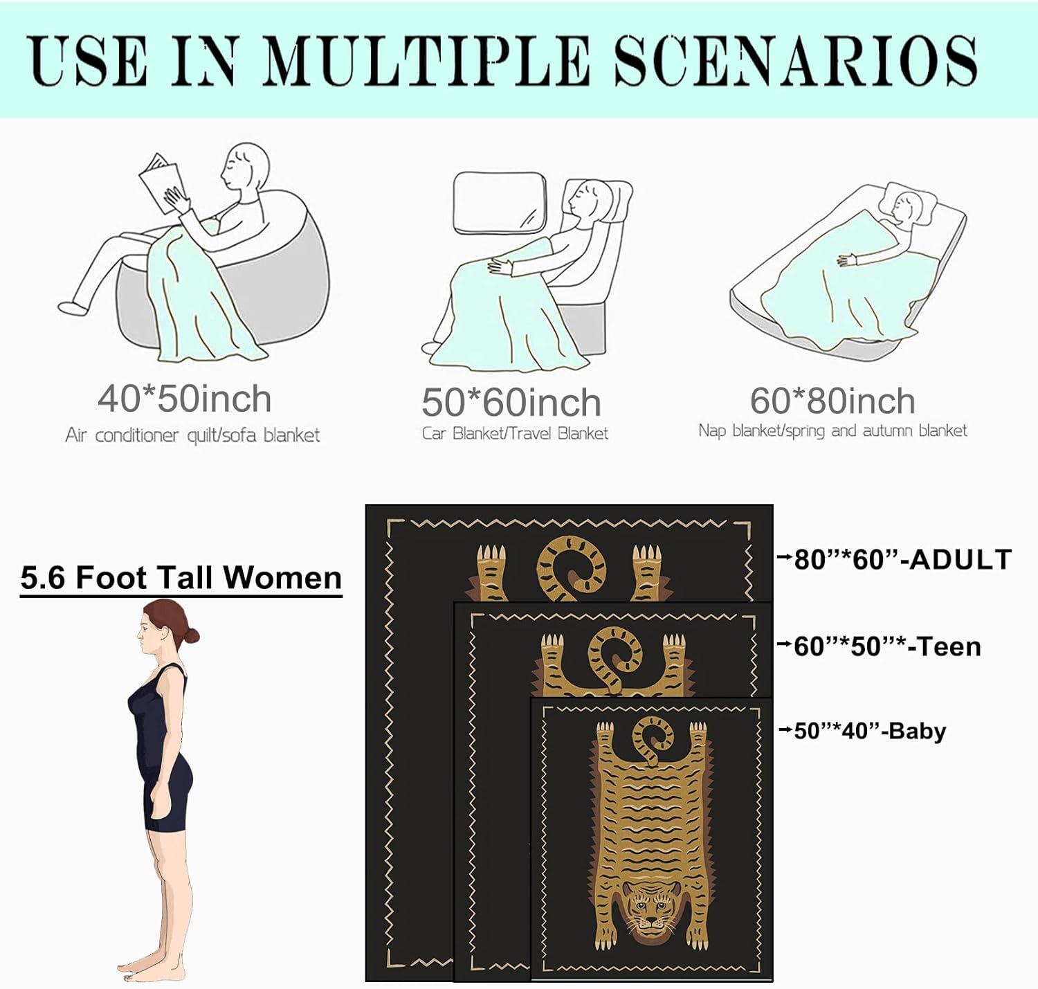 Tiger Rug Style Fleece Blanket,50x60in,Oriental Vintage Inspired Black Throw Blankets,Soft Cozy Lightweight, Ideal for Bed Living Room Home Cool Meditation Cool Decor,Adults Gifts - Image 3