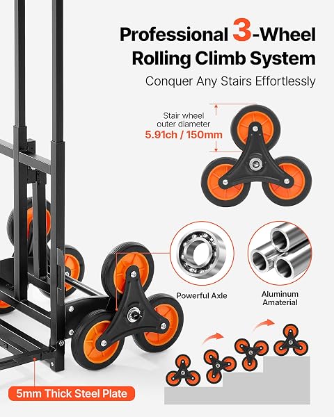 VEVOR Carrello Pieghevole per Scale Capacità di Salita Scale 100 kg, per Carichi Pesanti con Maniglia Telescopica, 6 Ruote e 2 Corde Elastiche, Carrello Saliscale per Generi Alimentari, Magazzino - 3
