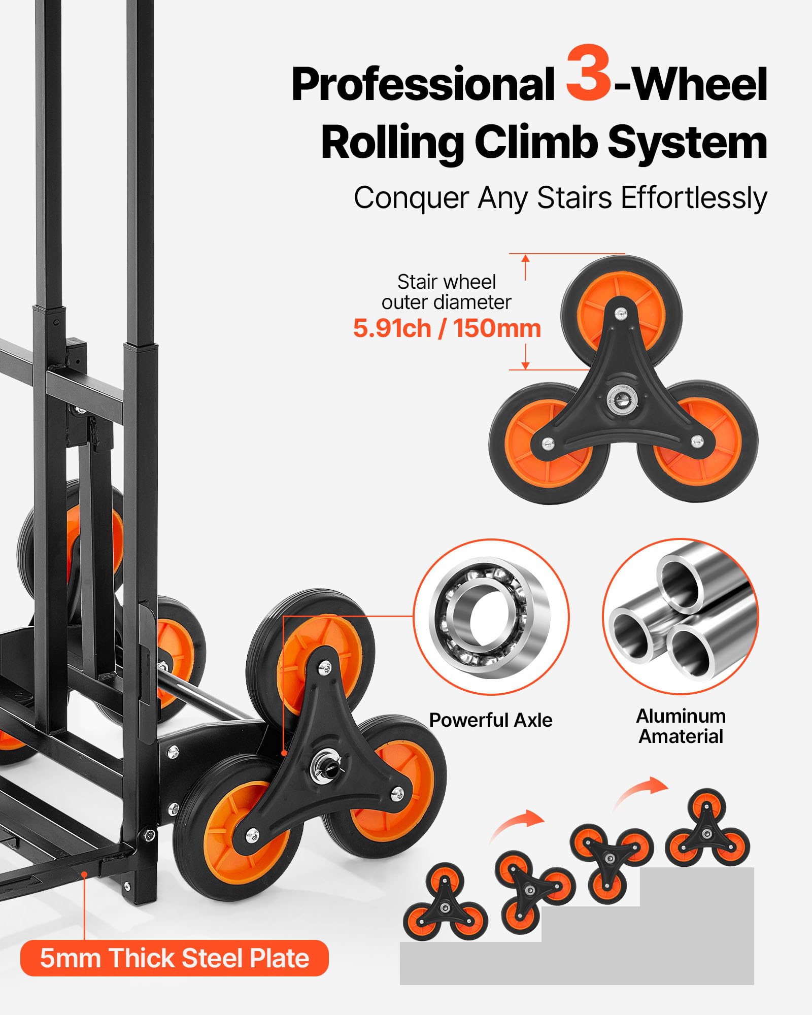 VEVOR Carrello Pieghevole per Scale Capacità di Salita Scale 100 kg, per Carichi Pesanti con Maniglia Telescopica, 6 Ruote e 2 Corde Elastiche, Carrello Saliscale per Generi Alimentari, Magazzino - 3