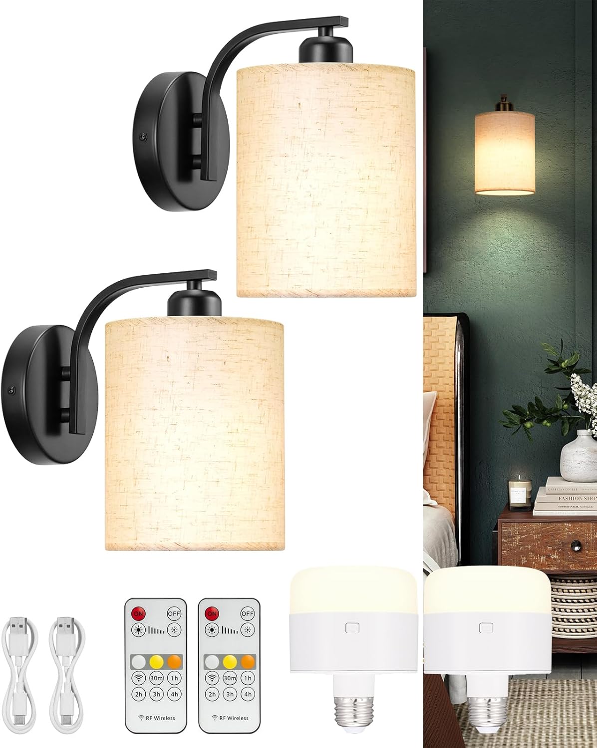 Battery Operated Wall Sconce, Rechargeable Sconces Set of 2 with 13000mAh Bulb, Cordless Wall Sconces with Remote, Battery Powered Wall Lamp/Lights for Bedroom Living Room, Black