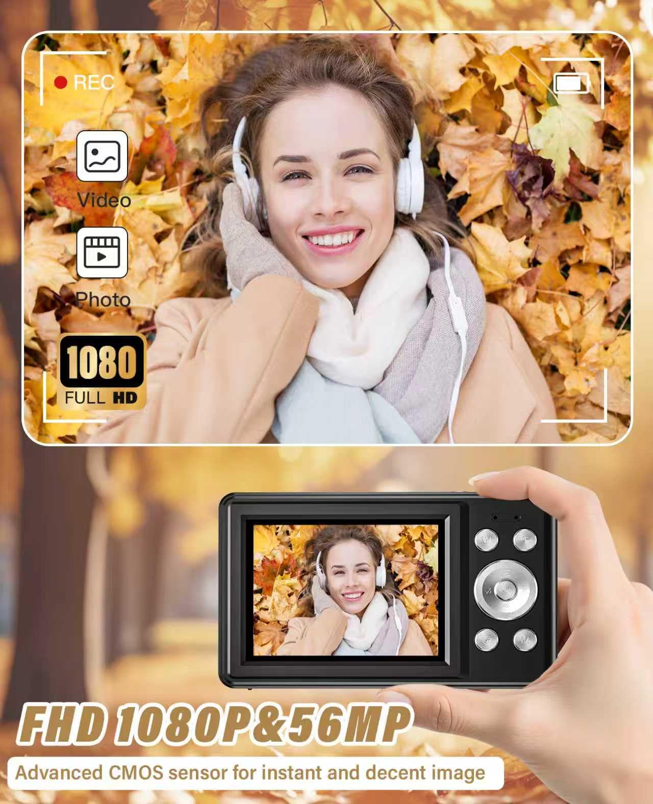 2025 New Digital Camera, 56MP FHD 1080P for Kids with 16x Digital Zoom Anti Shake, Face Detect, Smile Capture, 32GB TF Card, Battery, Lanyard, a Great Gift for Boys & Girls（Black）