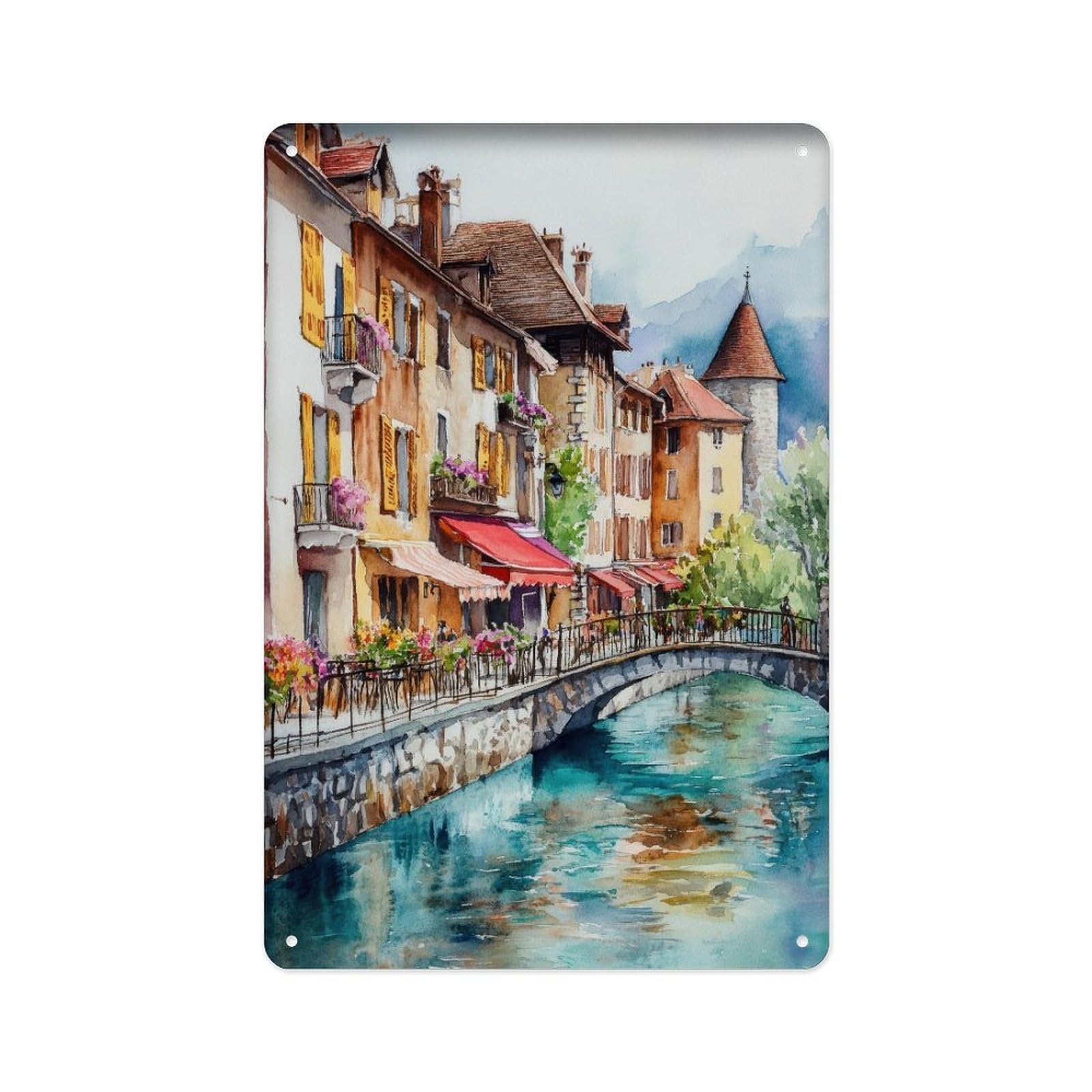 peiyeety Metal Tin Sign Annecy Watercolor Painting, French Alps, Art, Annecy Art Sea, Annecy Decoration, Gift for French Enthusiasts 8 X 12 Inch