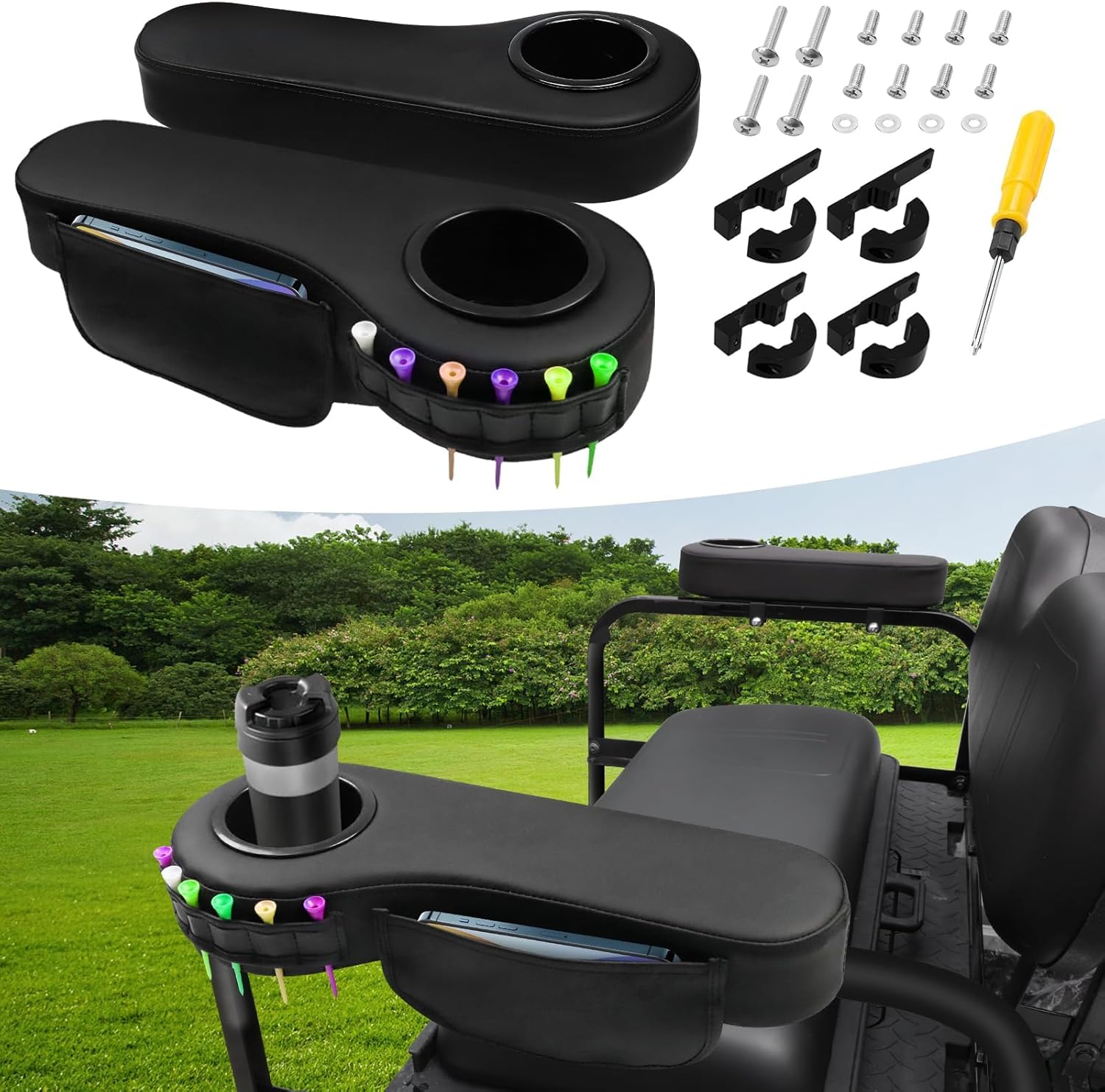 iLSKW Golf Cart Rear Armrest with Cup Holder, No Drilling Required Golf Cart Armrest for Round Tube Armrest 1 1/4 Size, Fits Advanced EV Golf Cart Rear Seat Round Frame 1 1/4"