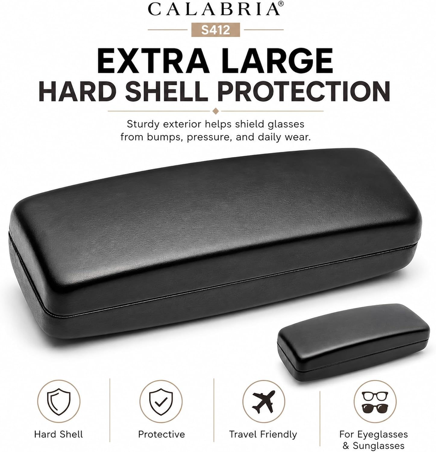 Calabria S412 Extra Large Hard Shell Eyeglass Case – Black Snap Closure Glasses Case with Soft Felt Interior