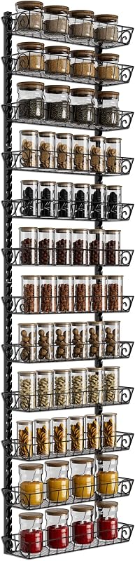 SWOMMOLY Wall Mount Spice Rack Organizer, 12-Tier Adjustable Dual-Use Shelf | Hanging Spice Rack Organizer, Kitchen Pantry Cabinet Storage Holder for Spices, Mason Jars, Bottles & Cans, Black