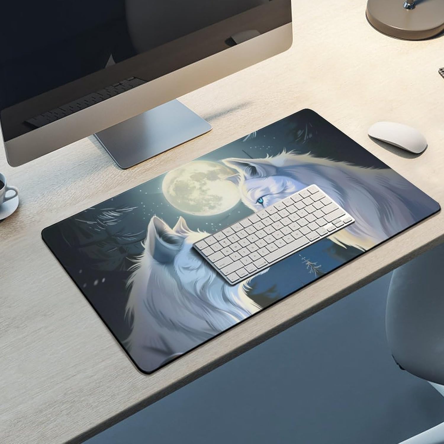 Gaming Mouse Pad Large Mousepad White Wolf Animals Moon Fantasy Desk Mat Big Mousepad Extended Keyboard Computer Pad Office Desk Organizers and Accessories 40X75cm, Style