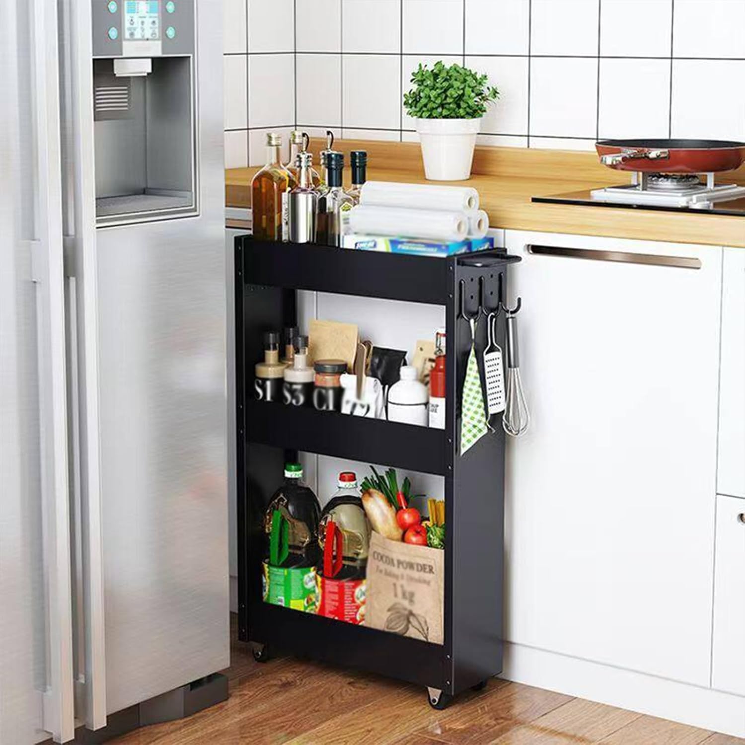 Slim Rolling Storage Cart, Slim Rolling Storage Cart With Wheels, Narrow Pantry Cabinet With Handle, Storage Organizer For Kitchen, Bathroom, Laundry Room, Next To Fridge(Black,16.7x5.1x27.2in)