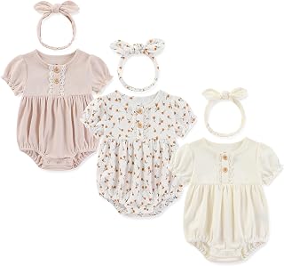 Baby Girl Vest 3 Pieces Grow Long/Short Sleeve Summer Fall Bodysuit with 3 Headband…