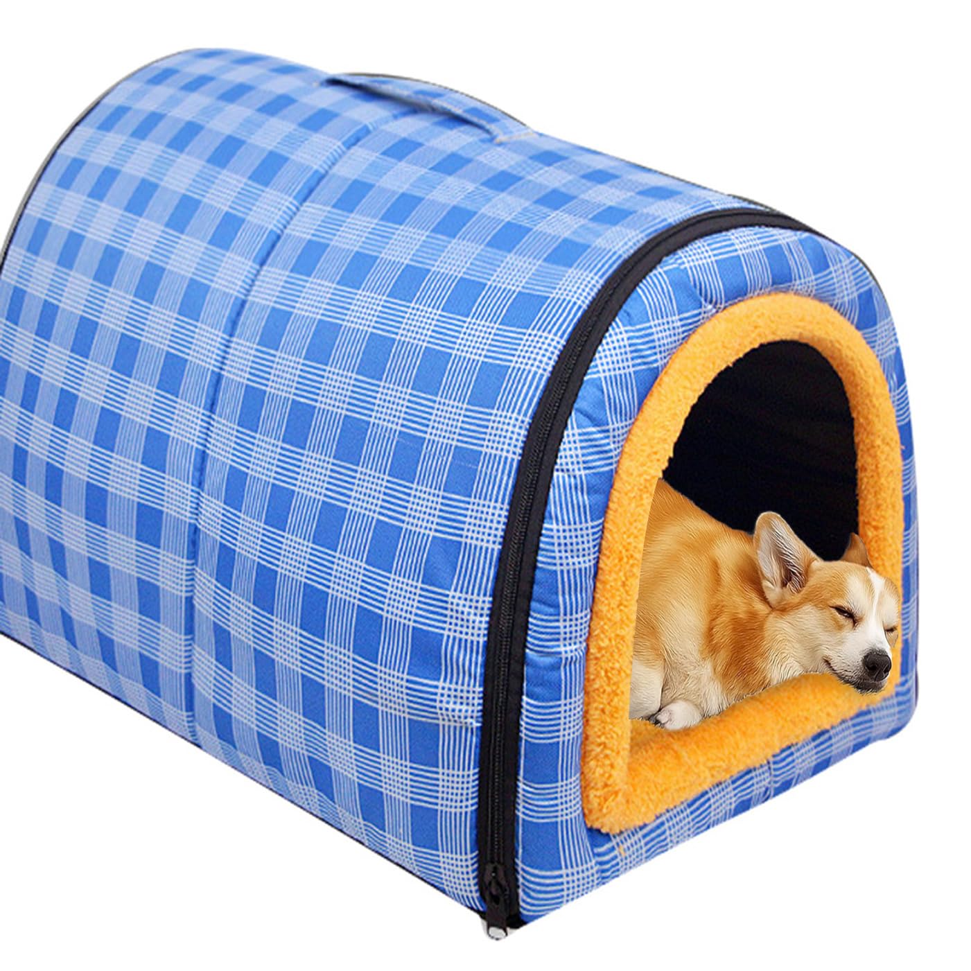 Large Dog House 2 in 1 Dog Bed Waterproof XL,Washable Pet Cat Calming Beds Anti Anxiety Soft Plaid Indoor Non-Slip Warm Pet Cave House Kennel for Medium Dogs Cats (Navy,XL-70x55x45CM)