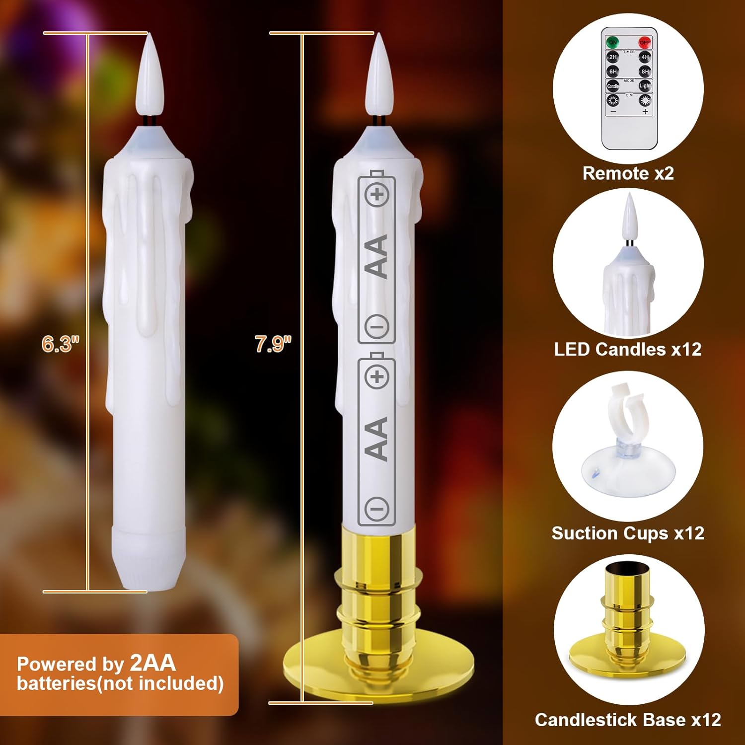 Window Candles, 12 Pack Battery Operated Window Candle with 2 Remote Timers, LED Christmas Window Candles with Candle Holders & Suction Cups for Christmas Decoration