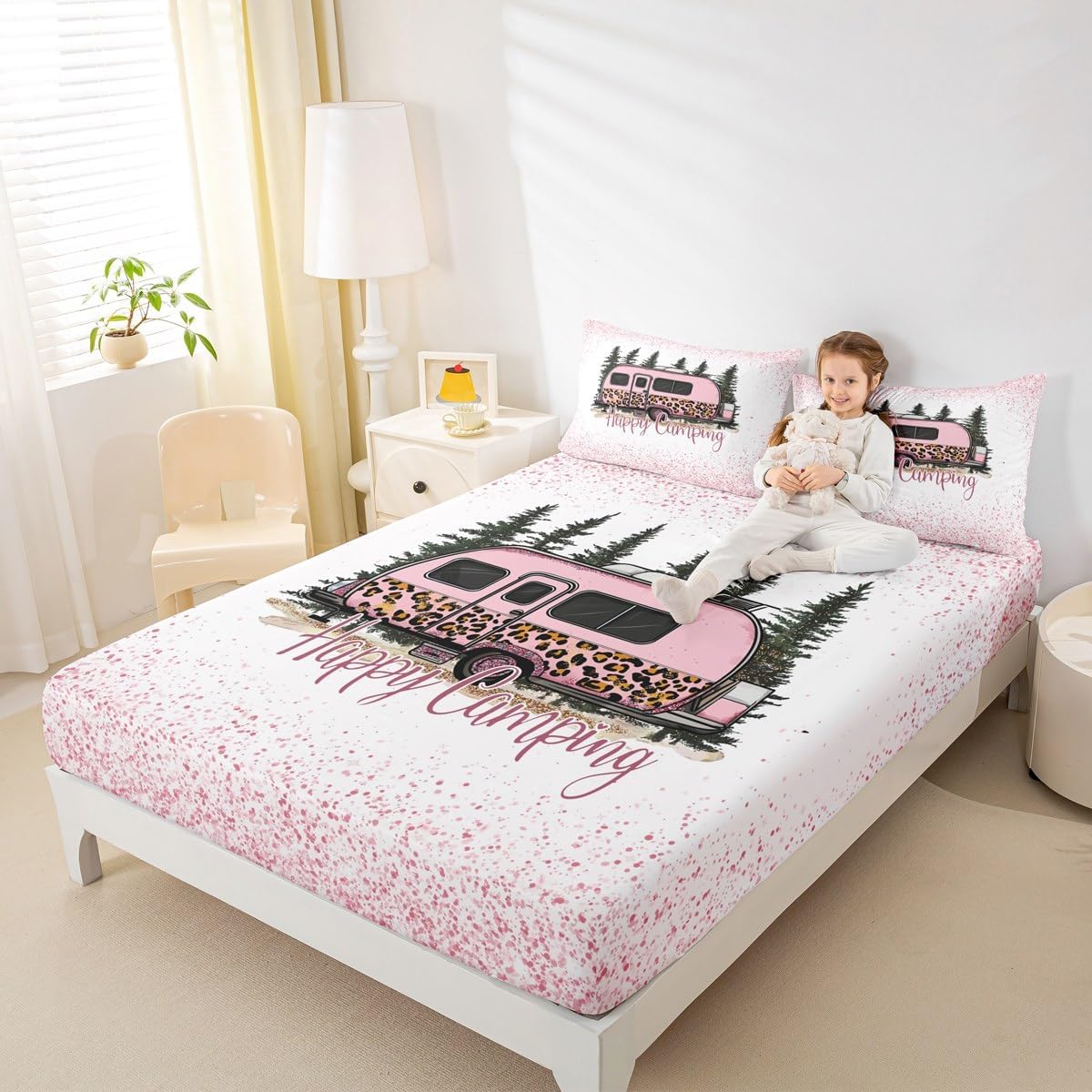 Happy Camping Fitted Sheet Full Size,Cartoon Camper Car Bedding Set for Kids Teens Bedroom Decor,Vintage Farmhouse Deep Pocket Sheet 3Pcs,2 Pillowcases