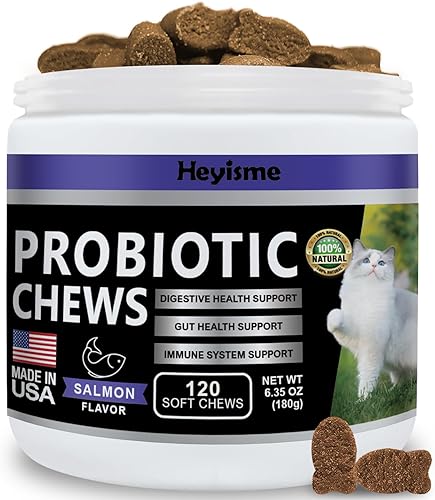 HEYISME Probiótico para gatos, masticables para la salud intestinal e inmunológica, suplemento probiótico para gatos para apoyo digestivo del gato,