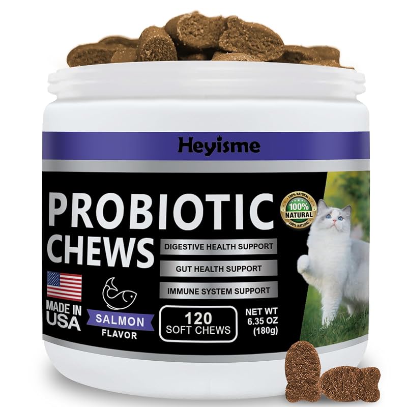 Probiótico para Gatos HEYISME com Sabor Salmão, Petiscos Mastigáveis, 120 Unidades