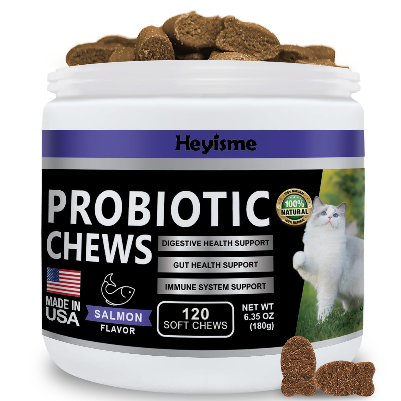 Cat Probiotic, Chews for Gut and Immune Health, Cats Probiotic Supplement for Cat Digestive Support, Healthy Digestion, Cat Constipation and Diarrhea Relief (120 Pills, Salmon)