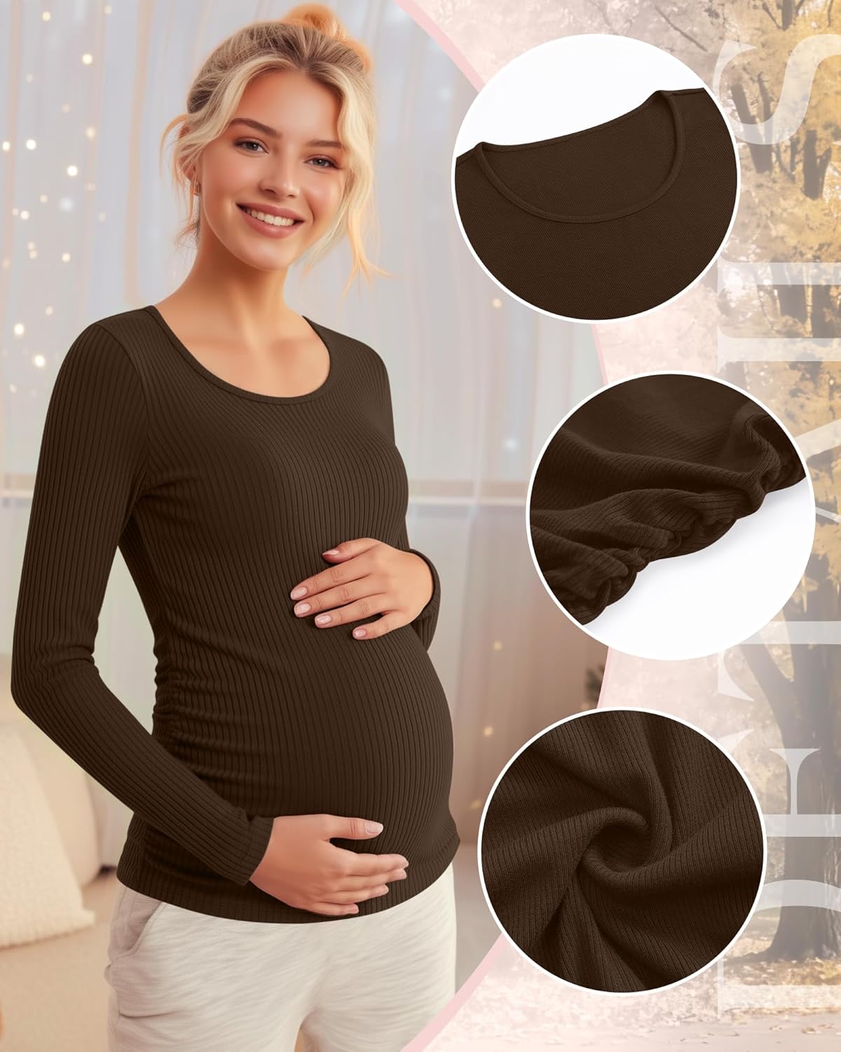 Riyiper 4 Pack Women's Maternity Shirts, Long Sleeve Cotton Ribbed Pregnancy Tee Top Crewneck Side Ruched Casual Mama Clothes - Image 5