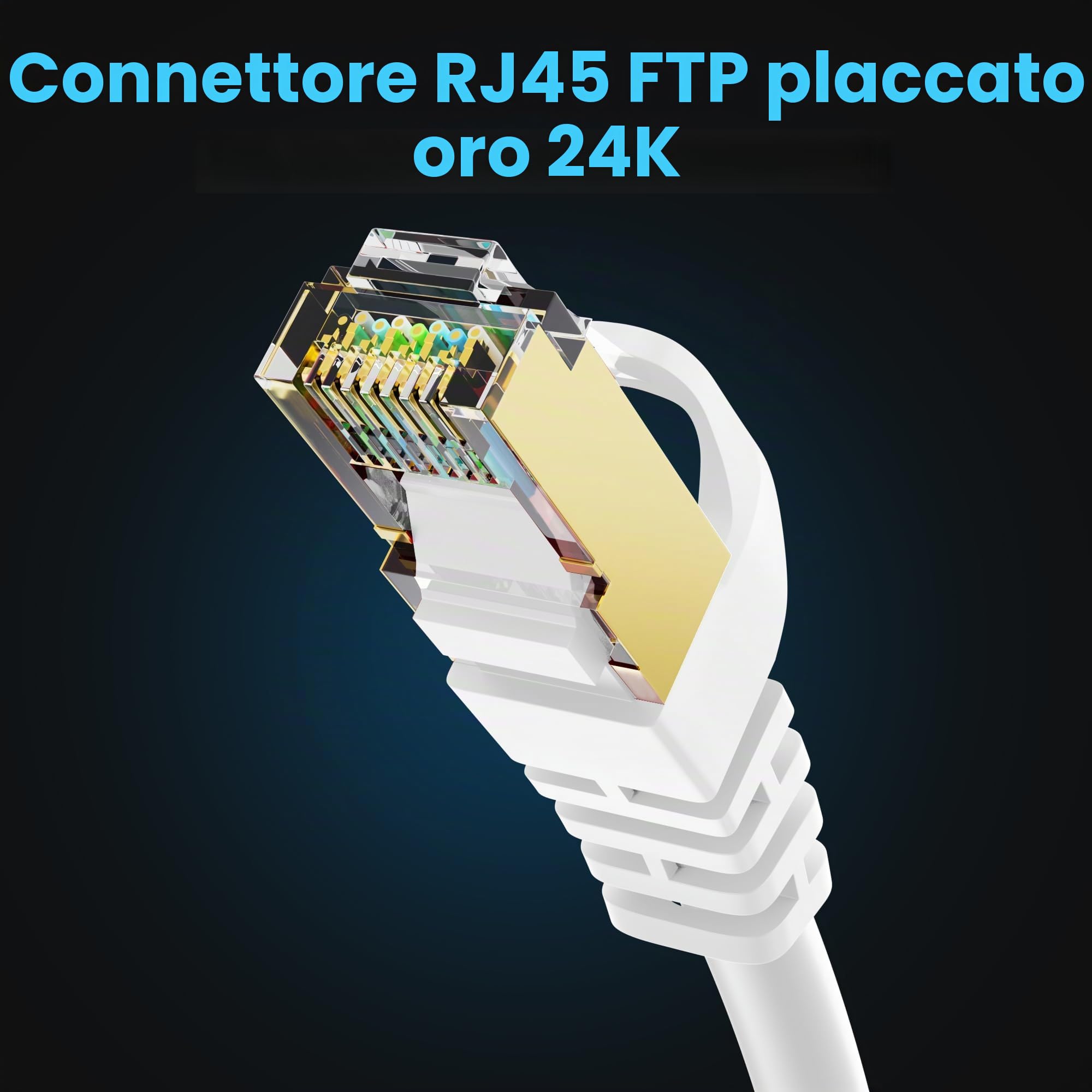 Cavo Ethernet Cat 7 da 60m, 10 Gbps 600MHz (Cavo di LAN Rete/Internet ad Alta Velocità,S/FTP) Cavi Patch RJ45/Bianco Impermeabile, per Router, Modem,PC, Server ecc. +25 fascette