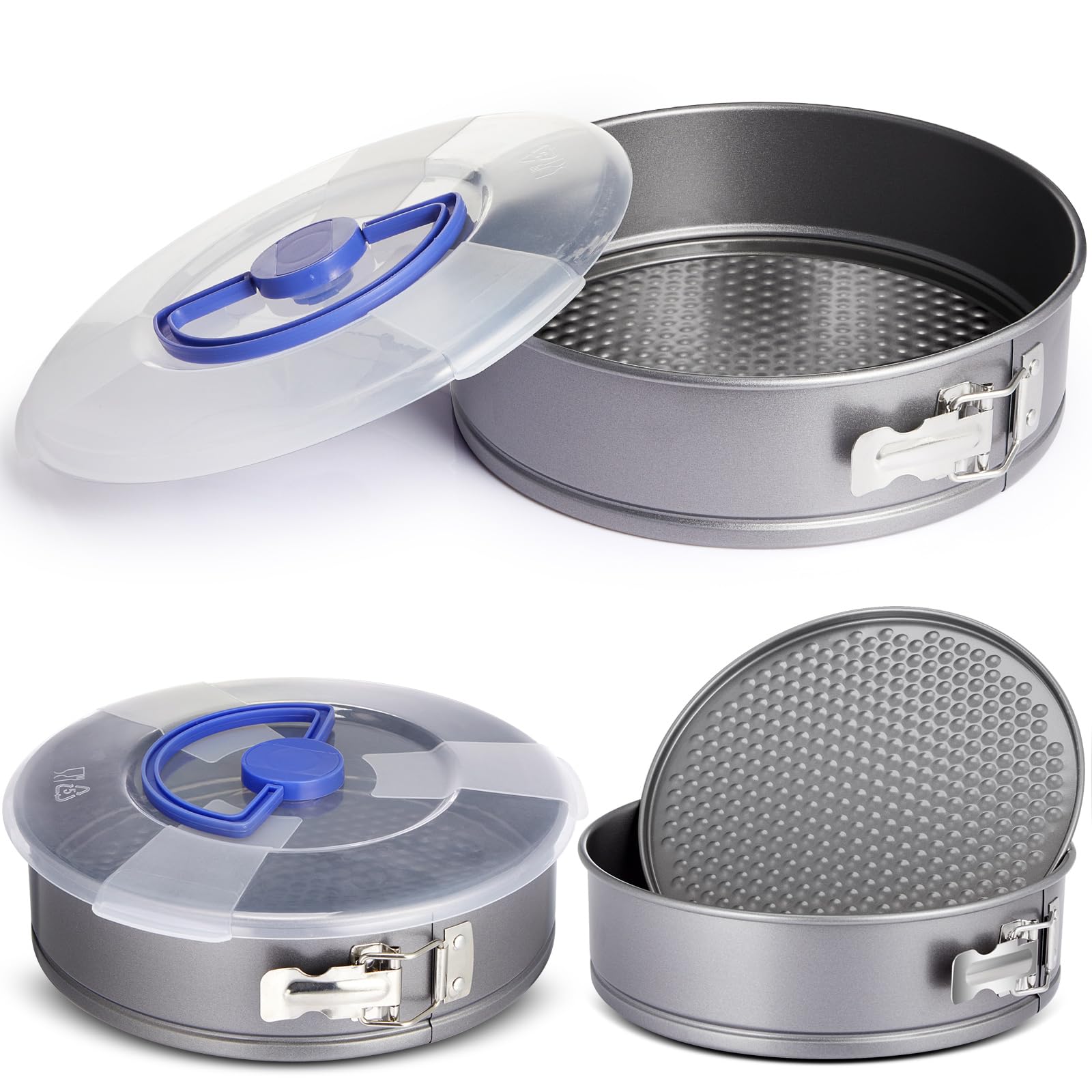 Teenyyou 2 Pcs Springform Cheesecake Pan with Lid and Removed Bottom 9 Inch gray Non Stick Round Cake Pan Travel Friendly Carbon Steel Bakeware for Pie Cake Pizza