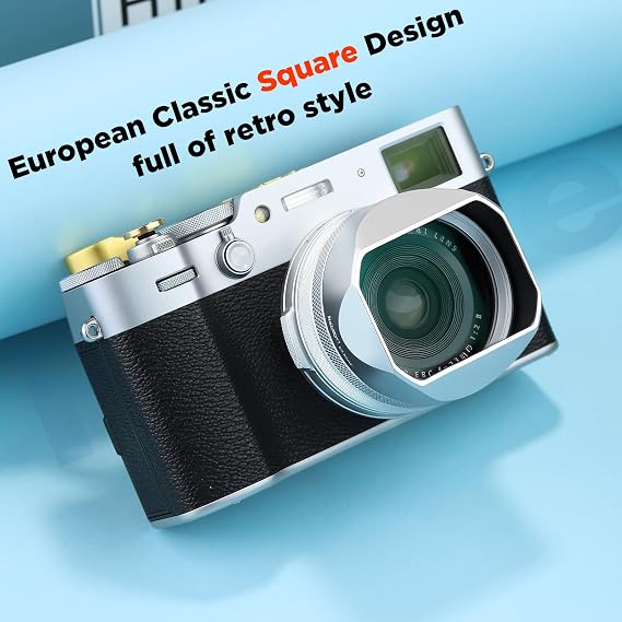 Haoge LH-X54W Square Metal Lens Hood with 49mm Adapter Ring for Fujifilm X100VI Fuji X100V Camera Silver