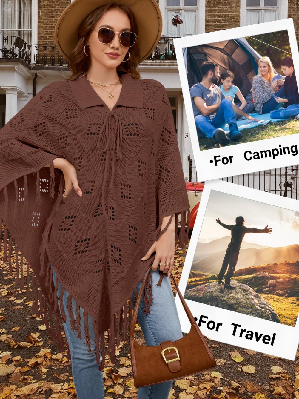 ChiaoLezhee Women's Western Fringe Poncho Dress, 2026 Country Concert Cowgirl Outfits, Boho Festival Hollow Out Knit Top